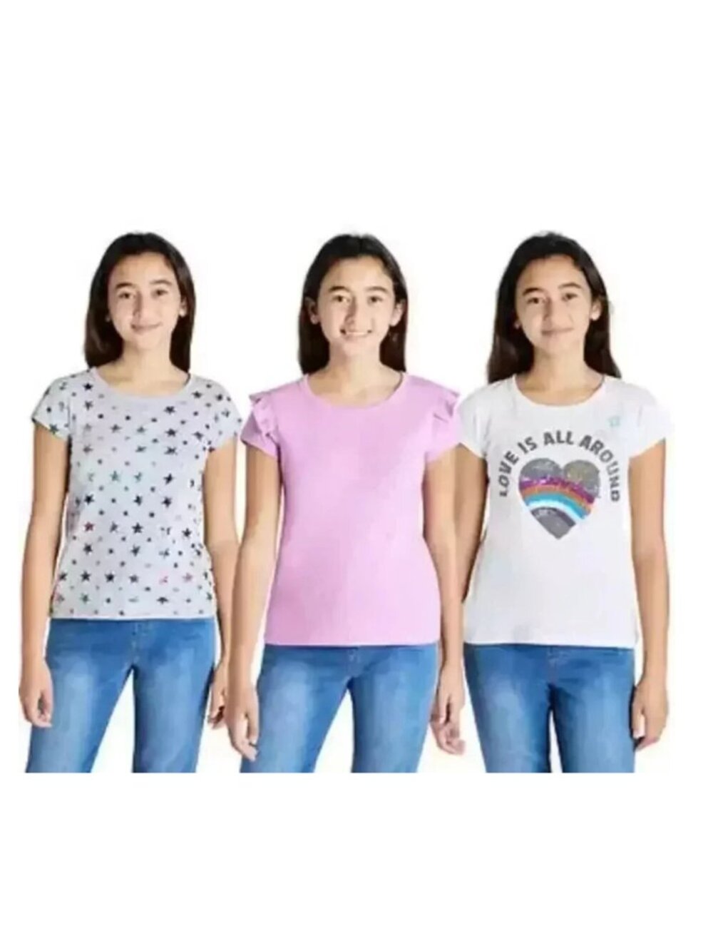 NEW Vigoss 3 pack short sleeve ruffle sequin Rainbow Sparkle Shiny Heart Tee Top